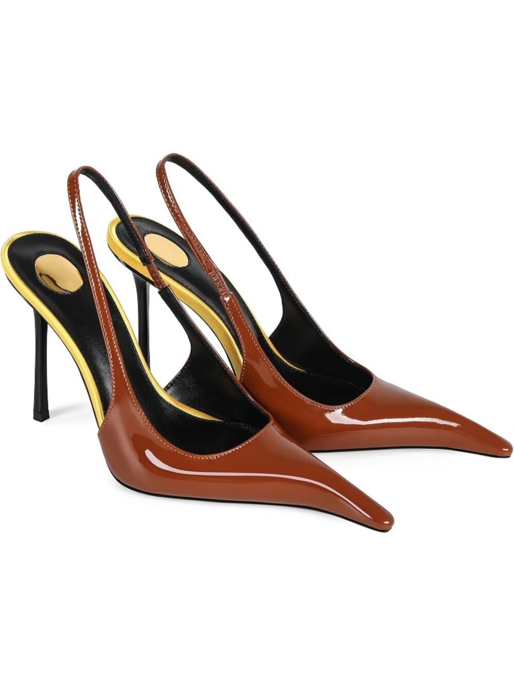 Women's Brown Patent Leather Pointed Close Toe Stiletto High Heels Backless - Picture 7 of 7